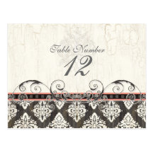 Black 'n White Damask Pink Wedding Table Numbers Postcards
