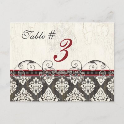 Black'n White Damask red Table Card Number Postcard by AudreyJeanne