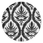 Black on White Damask Floral Dinner Plates