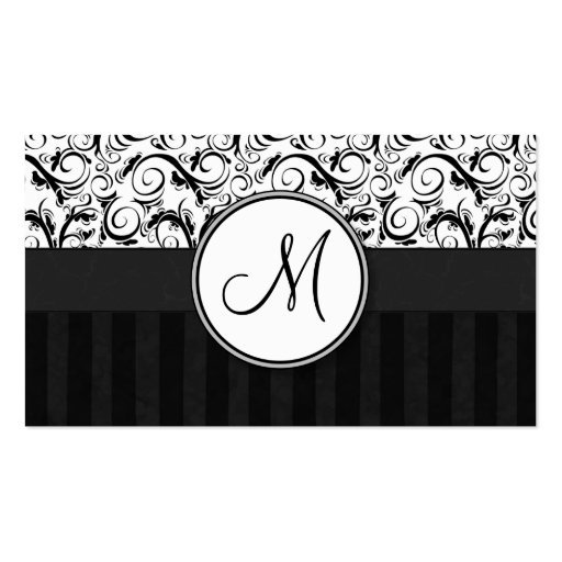 Black on White Floral Wisps, Stripes & Monogram Business Cards (back side)