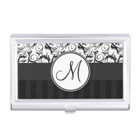 Black on White Floral Wisps, Stripes & Monogram Business Card Holder