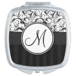 Black on White Floral Wisps, Stripes & Monogram Makeup Mirror