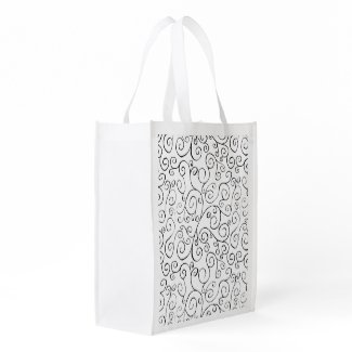 Black on White Hand-Painted Curvy Pattern Reusable Grocery Bags