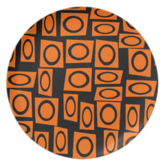 Black Orange Fun Circle Square Pattern Gifts Plate