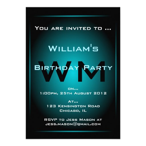 Black & Pale Blue Glow Monogram Sci-fi  Invitation