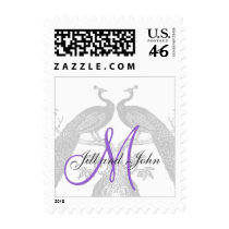 Black Peacocks Purple Monogram Wedding Postage