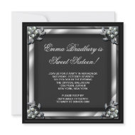 Black Pearl Flowers Classy Black Sweet Sixteen invitation