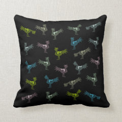 Black pillow with pastel stylized roosters