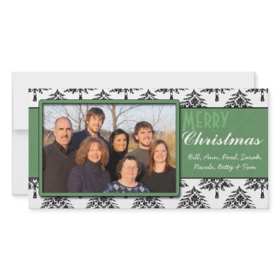 Black Pines Damask Green Trim Merry Christmas Custom Photo Card by samack
