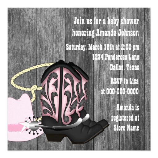 Black Pink Barn Wood Cowgirl Baby Shower Personalized Invite