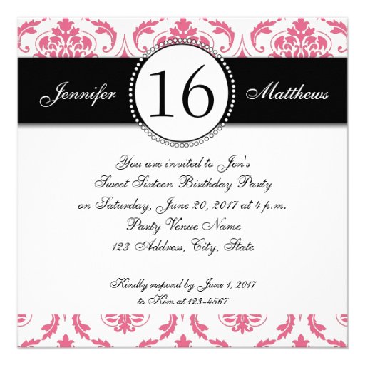 Black Pink Damask Sweet Sixteen Invitations