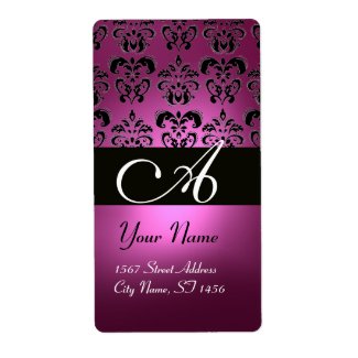 BLACK PINK FUCHSIA PURPLE AMETHYST DAMASK MONOGRAM label