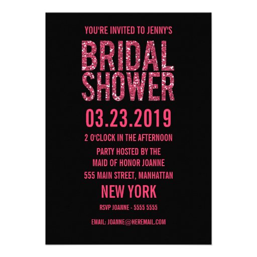 Black Pink Glitter Typography Bridal Shower Invite