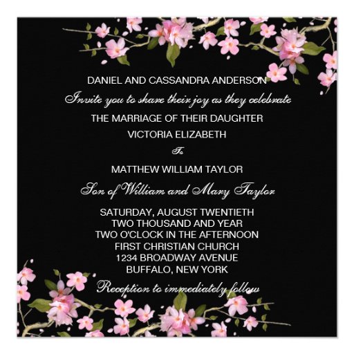 Black Pink Japanese Cherry Blossoms Wedding Announcements