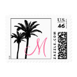 Black Pink Palm Trees Monogram Wedding Postage