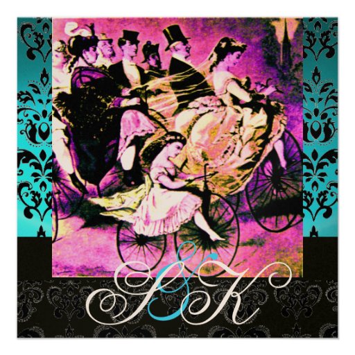 BLACK PINK PURPLE BICYCLE WEDDING DAMASK MONOGRAM ANNOUNCEMENT