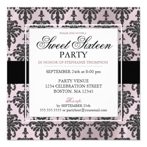 Black Pink Rose Damask Sweet 16 Party Invitations