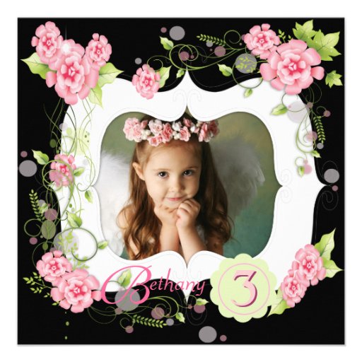 Black Pink Rose Girls Photo 3rd Birthday Party Personalized Announcement