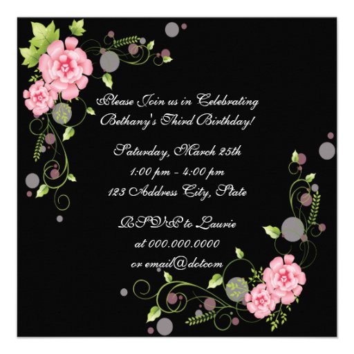 Black Pink Rose Girls Photo 3rd Birthday Party Personalized Announcement
