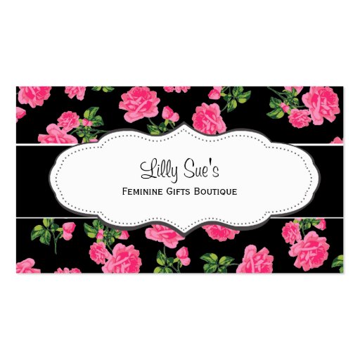Black & Pink Roses Flowery Business Cards (front side)