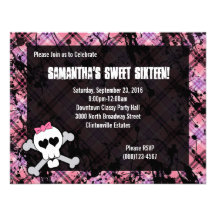 Black & Pink Skull Crossbones Sweet Sixteen Party Personalized Announcement