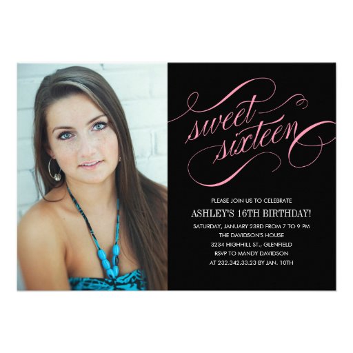 Black & Pink Sweet 16 Photo Invitations