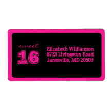 Black & Pink Sweet 16 Return Address Labels