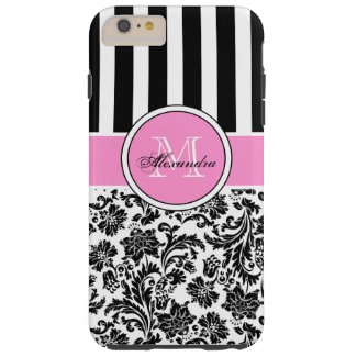 Black Pink & White Damask & Stripes Pattern Tough iPhone 6 Plus Case