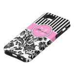 Black Pink & White Damask & Stripes Pattern casemate cases