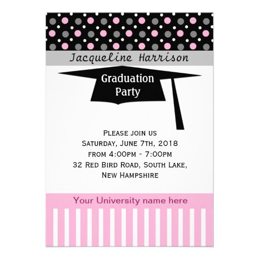 Black, pink, white polka dot, mortar Graduation Personalized Announcement