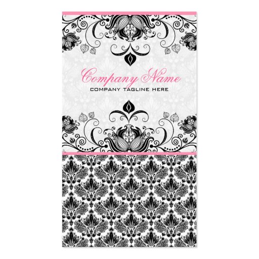 Black Pink & White Retro Floral Damasks Pattern Business Card Template (front side)