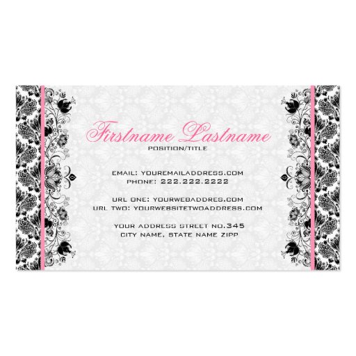Black Pink & White Retro Floral Damasks Pattern Business Card Template (back side)