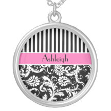 Black, Pink, White Striped Damask Necklace