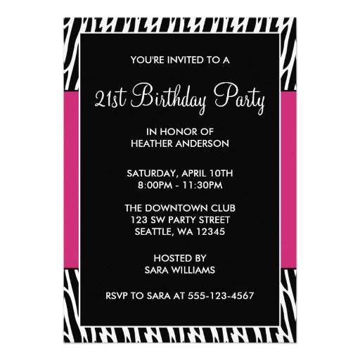 Black & Pink Zebra 21st Birthday Party Invitations