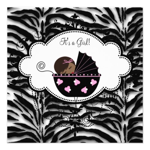 Black Pink Zebra Baby Girl Shower Invitations (front side)