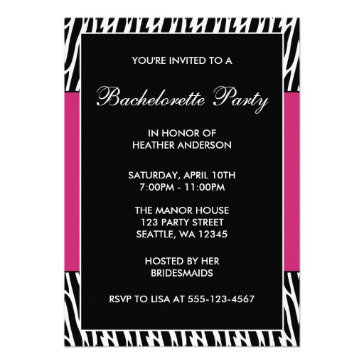 Black & Pink Zebra Bachelorette Party Invitations