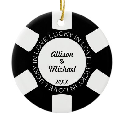 Black poker chip lucky in love couple photo vegas christmas ornaments
