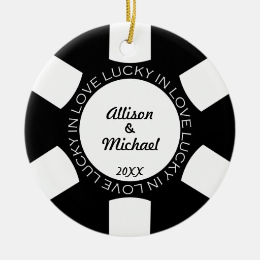 Black poker chip lucky in love couple photo vegas christmas ornaments