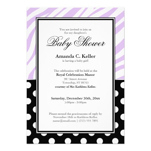 Black Polka Dot Purple Zebra Print Baby Shower Personalized Invites