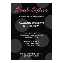 Black Polka Dots Sweet 16 Birthday Announcements