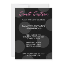 Black Polka Dots Sweet 16 Birthday invitations