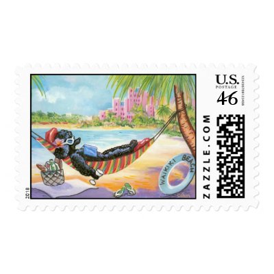 Black Poodle in Hawaii Beach Scene Postage stamps by greerdesign
