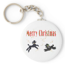 Black Poodles Playing Merry Christmas Art Keychain
