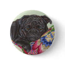 Black Pug Dog Painting Art Buttons