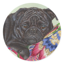 Black Pug Dog Painting Art Round Stickers