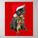 Black Pug Puppy Christmas Portrait Posters