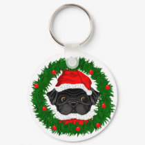 Black Pug Santa Key chain keychains