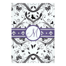 Black & Purple Damask Butterfly Wedding Invitation
