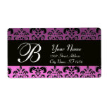 BLACK PURPLE DAMASK MONOGRAM SHIPPING LABELS