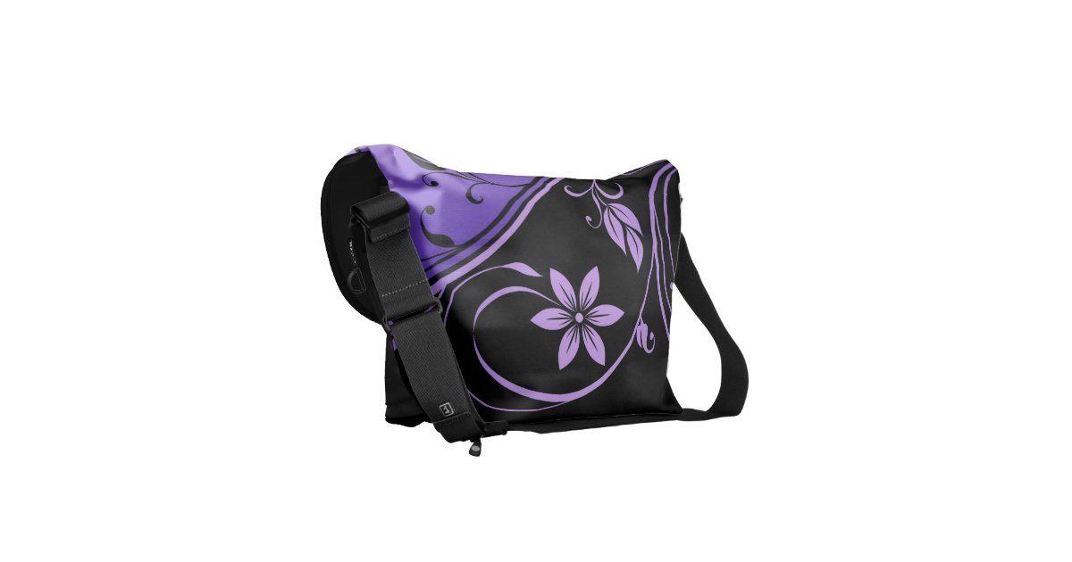 Black & Purple Floral Scroll Messenger Bag Zazzle